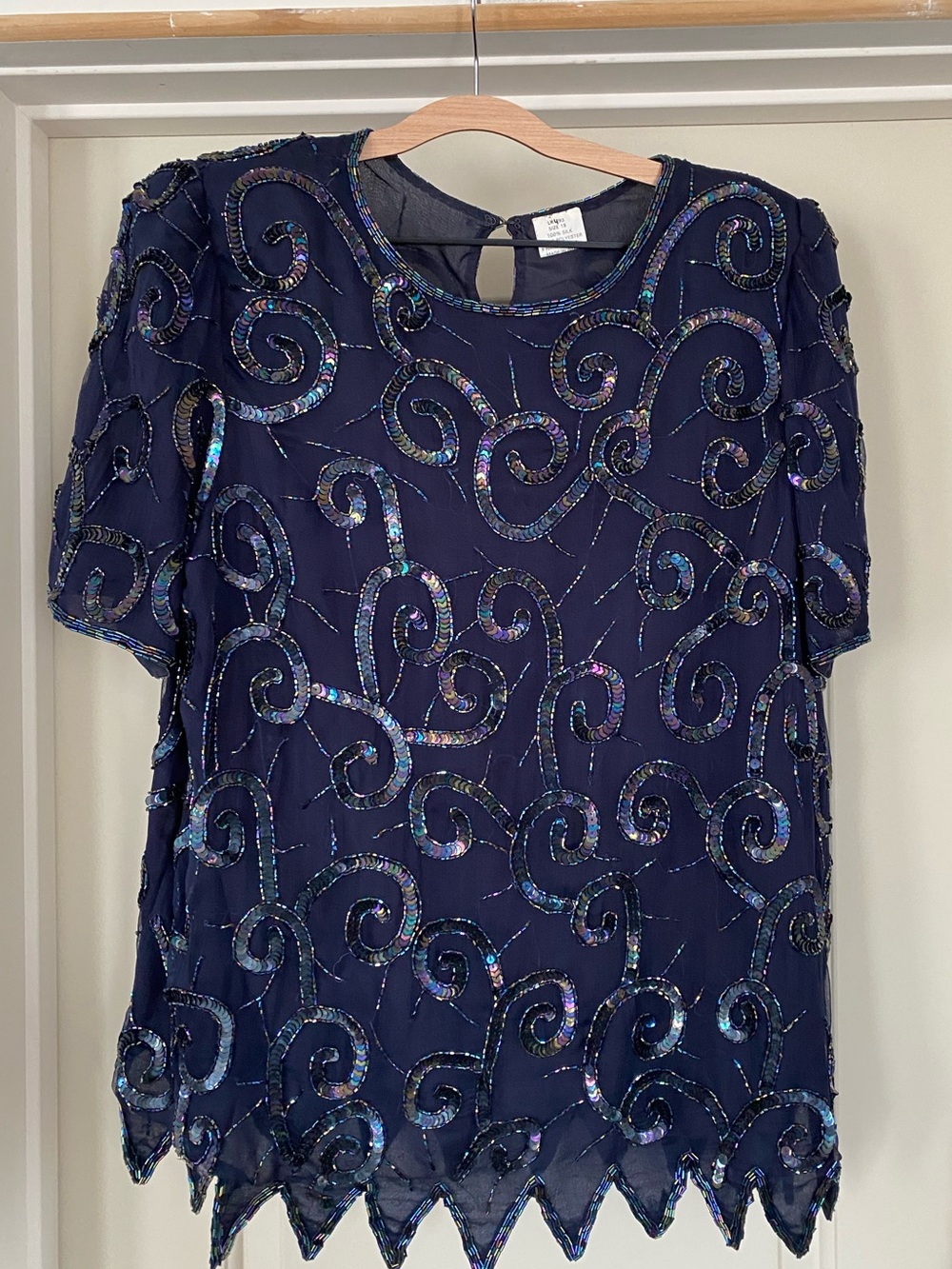Vintage 80s 100% Silk  Hand Beaded  Sheer Top Navy size 18 Art Deco